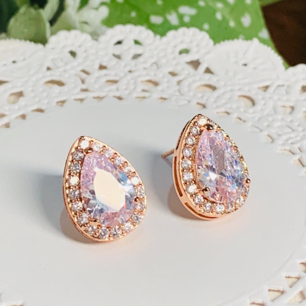 Brilliant Sparkling Crystal Halo Tear Drop Stud Earrings. Rose Gold plated.